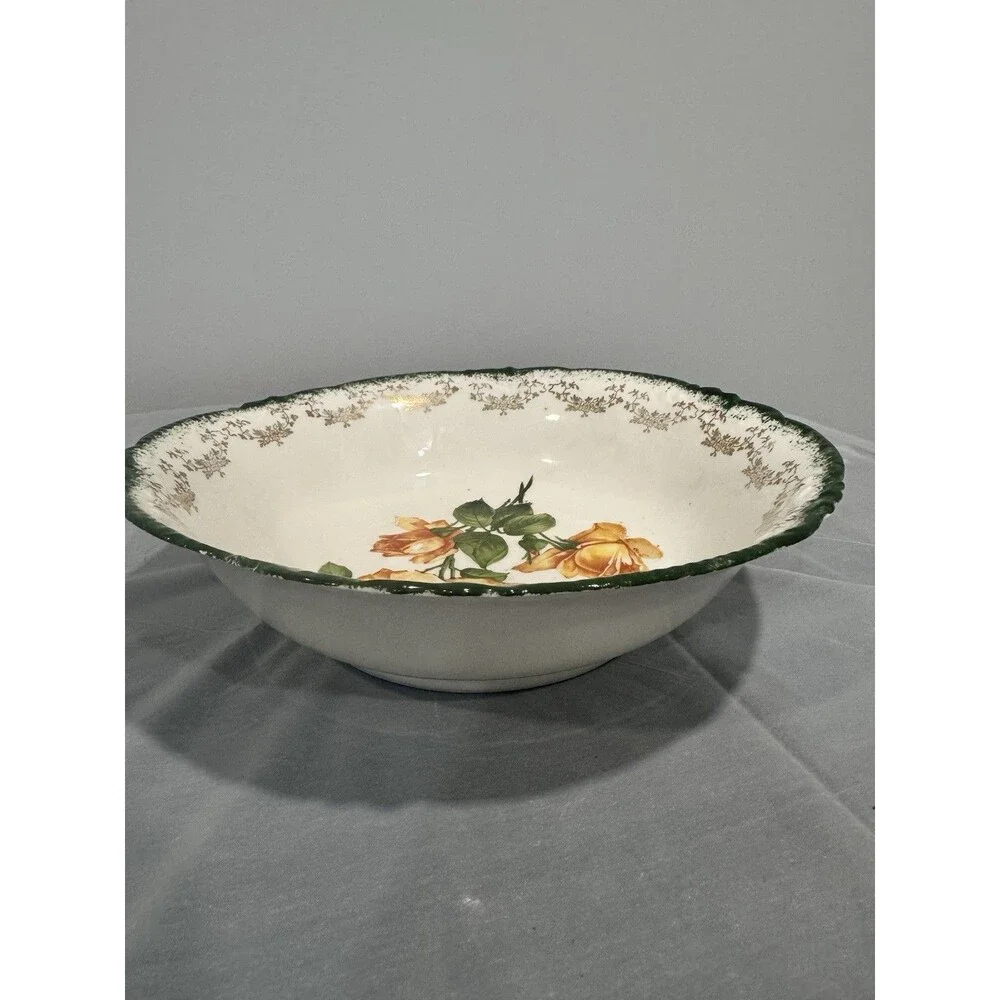 Vintage German Porcelain Serving Bowl Hand Painted Roses Green Gold Rim